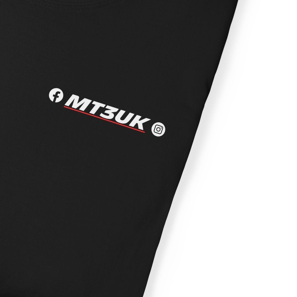 MT3UK t-shirt folded, close-up of the logo print